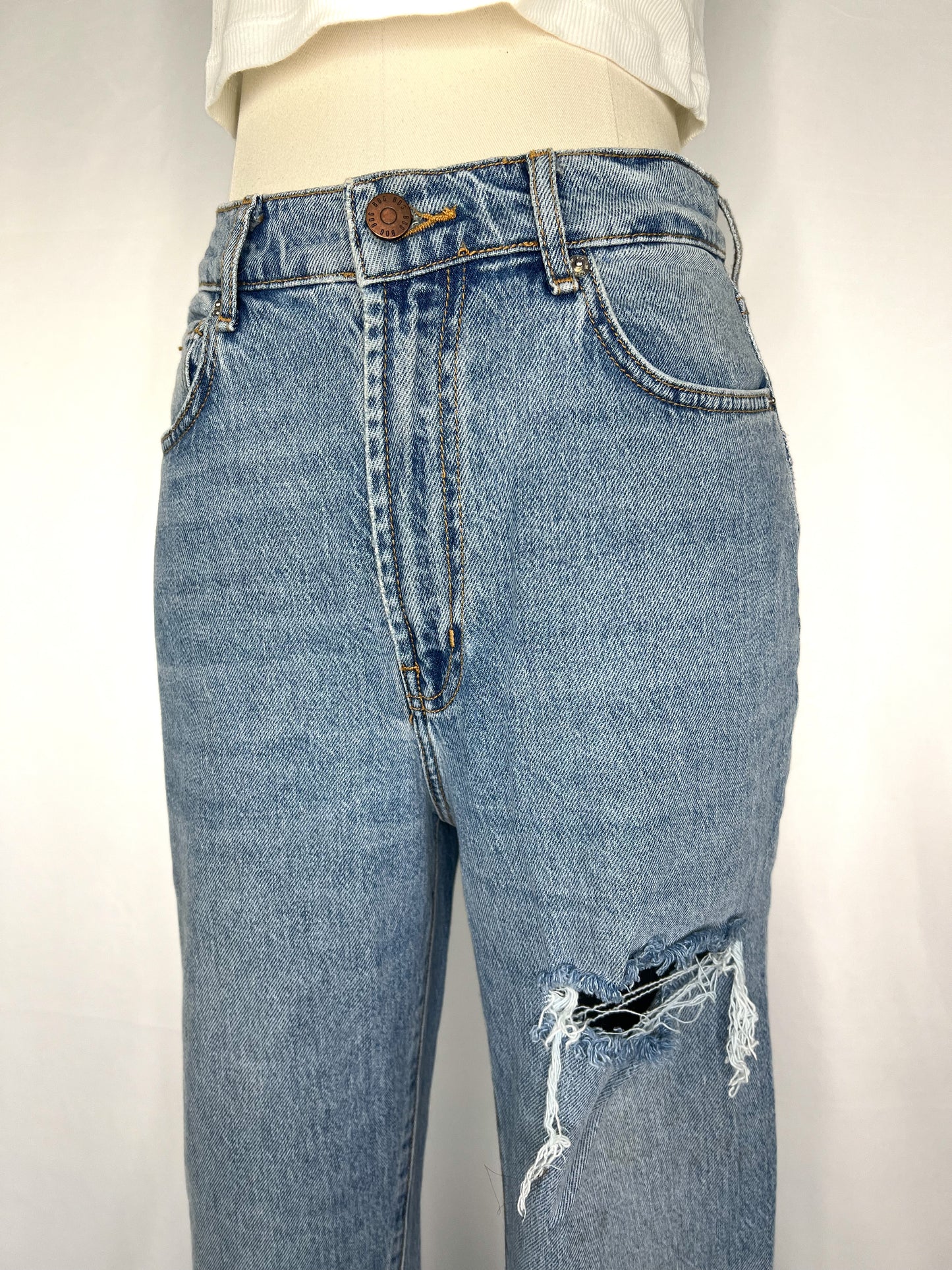 BDG Stretch High-Rise Distressed Flare Jean in Light Blue | 28