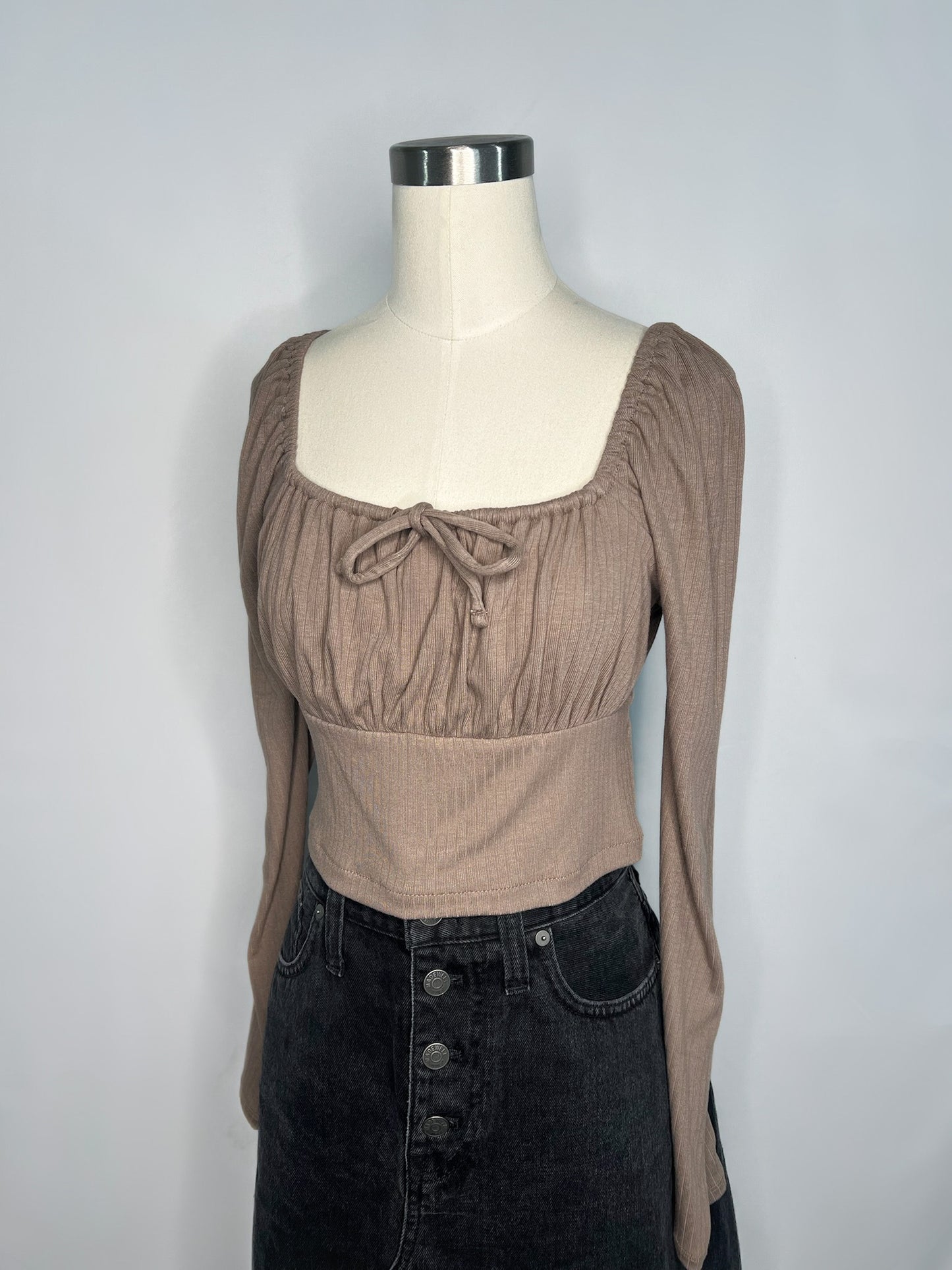 Madewell Ribbed Square-Neck Long-Sleeve Top in Light Umber | M