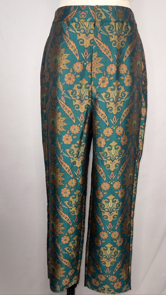 Up-close front facing view of Maeve by Anthropologie Jacquard Trouser in Multi. Featuring the beautiful multicolored stitching.
