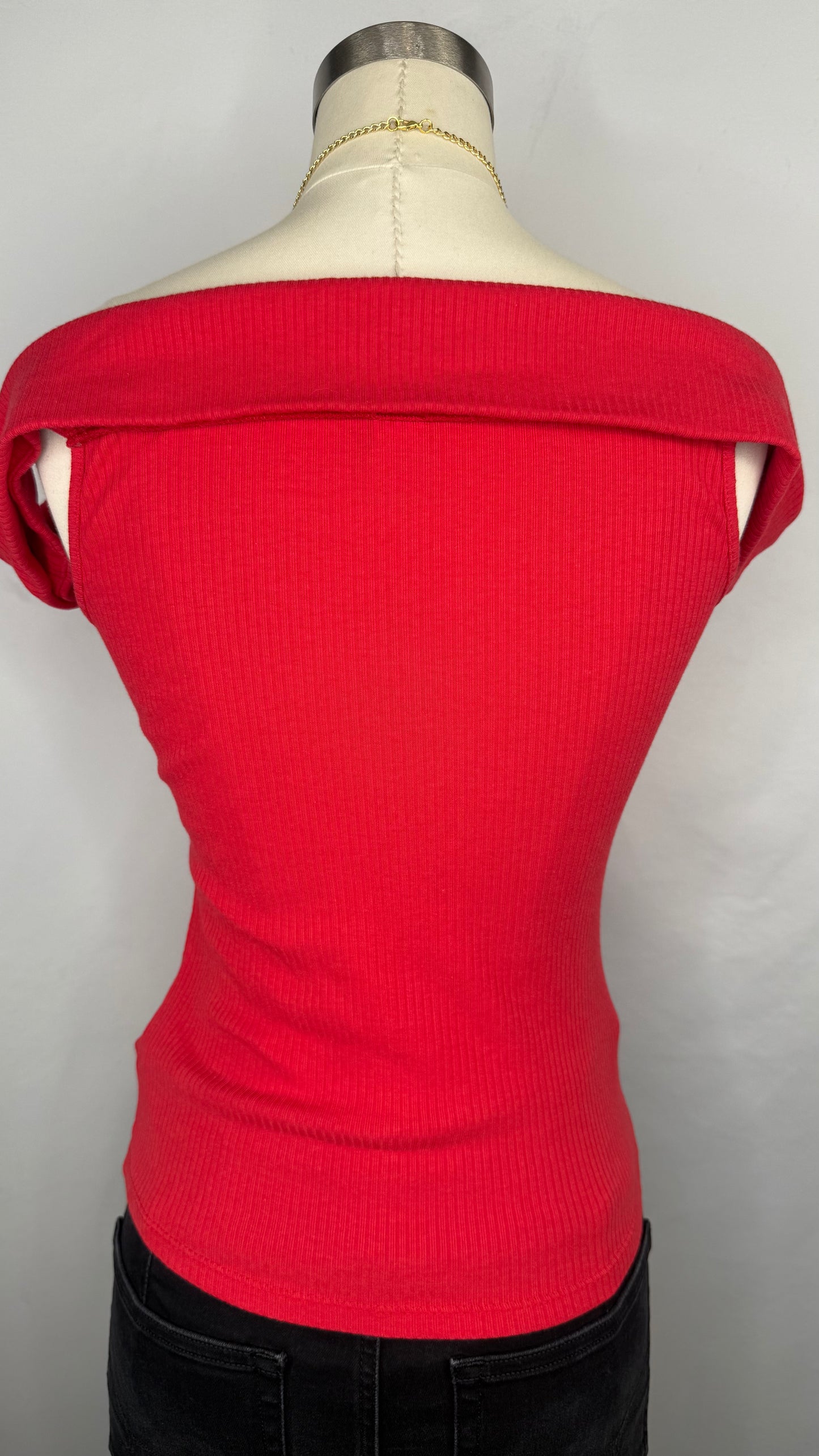 Backside view of Old Navy Off Shoulder Ribbed Top in red.