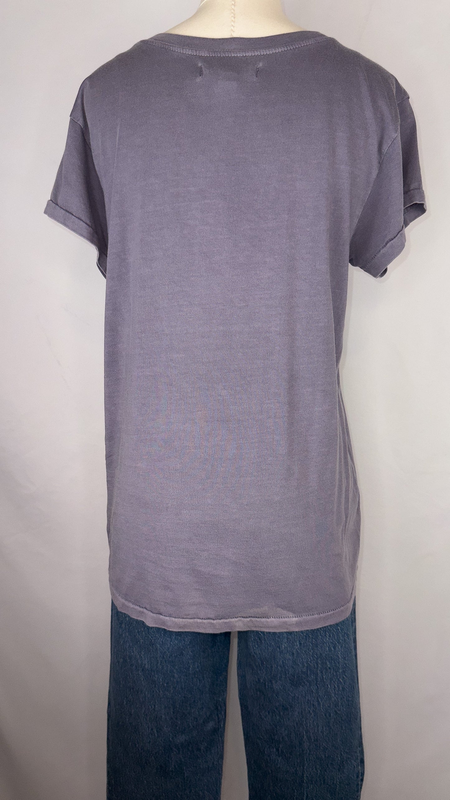 Back view of Rivet & Thread Grateful Everyday Graphic Ex-Boyfriend Tee in Sunfaded Indigo. Plain back side of t-shirt.