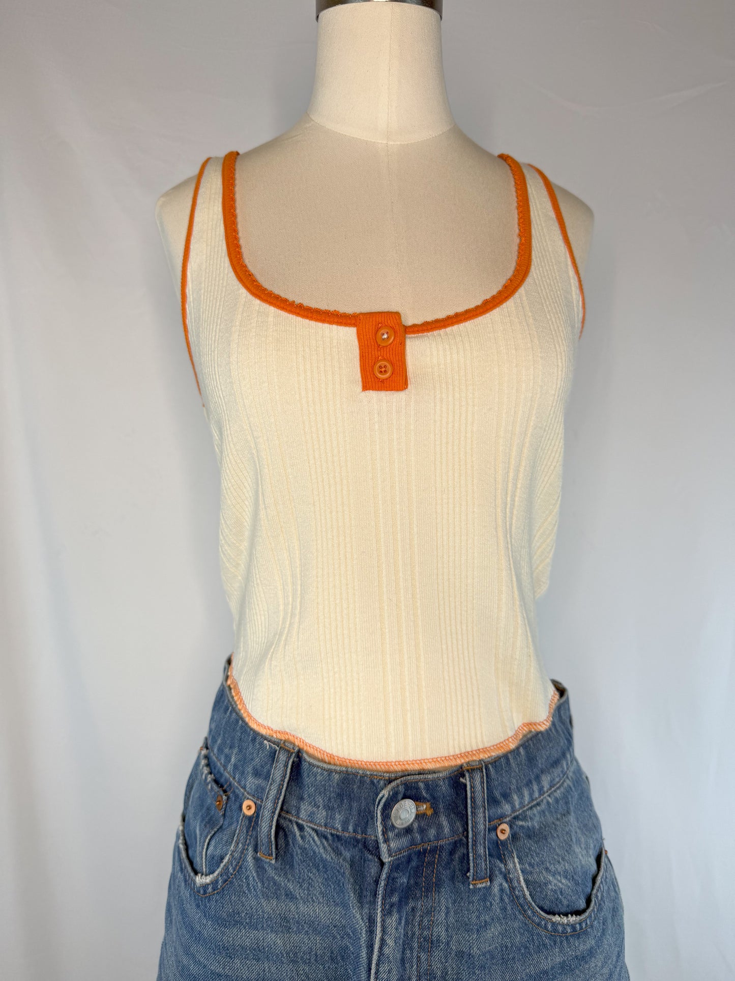 BDG Ribbed Tank Top in Cream & Orange | L