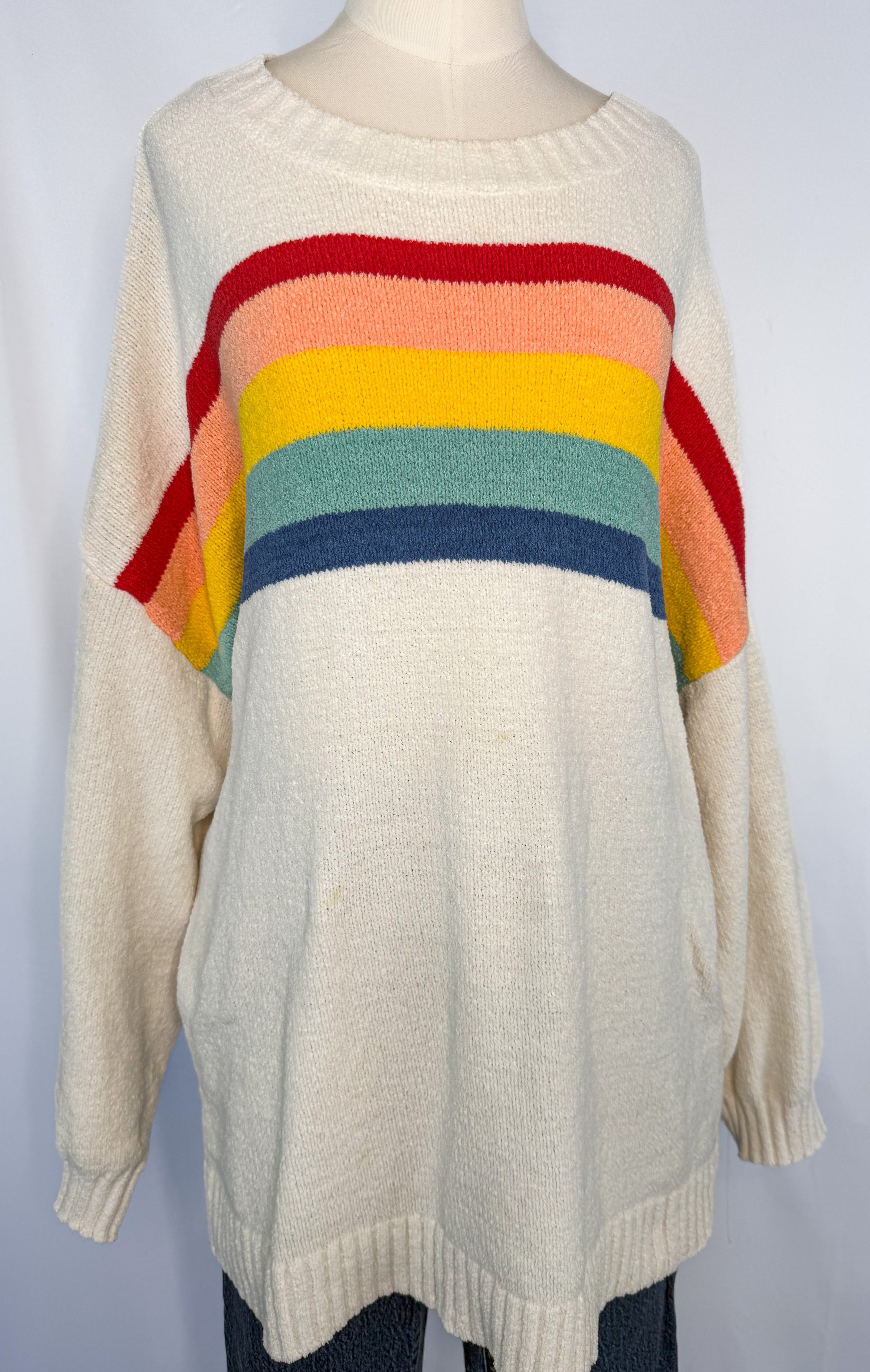 Front view of American Eagle Oversized Rainbow Stripe Sweater in Cream
