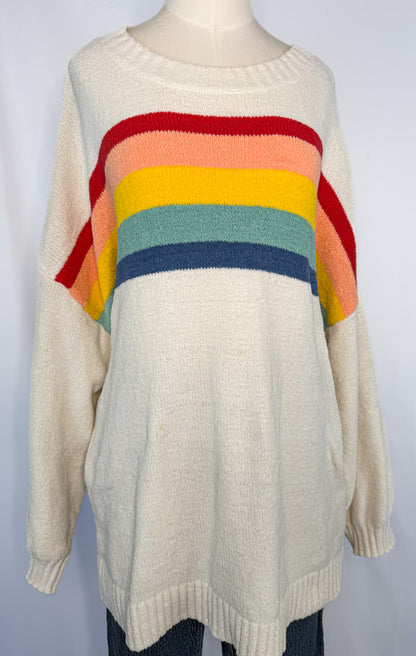 Front view of American Eagle Oversized Rainbow Stripe Sweater in Cream