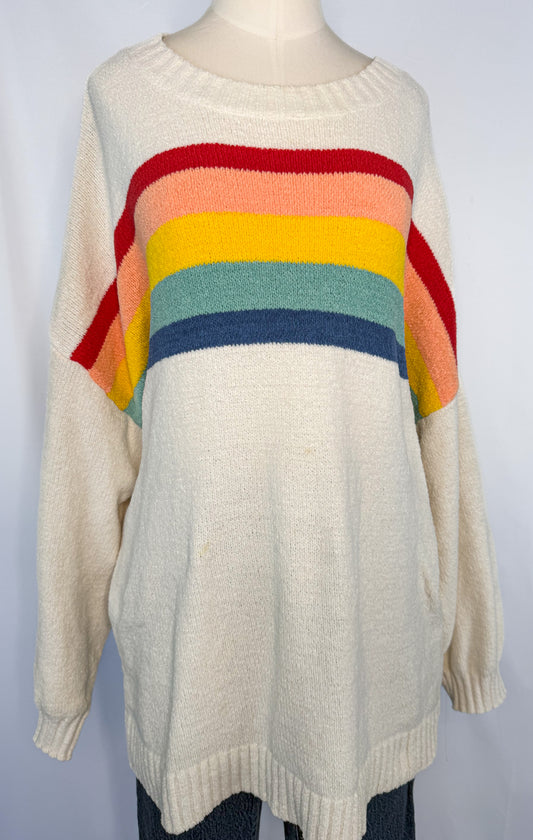 Front view of American Eagle Oversized Rainbow Stripe Sweater in Cream