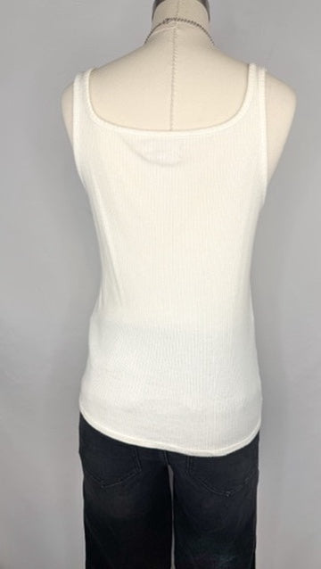 Backside view of Madewell Ribbed Square-Neck Tank Top in Lighthouse.