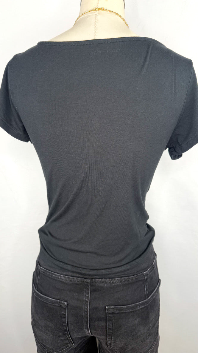 Back side view of Silence + Noise Cowl Neck Top in Black.