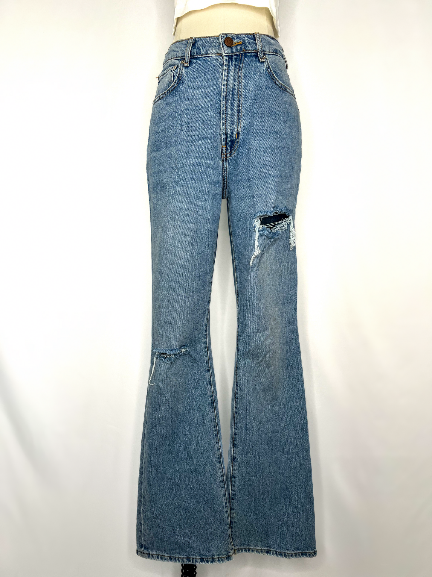 BDG Stretch High-Rise Distressed Flare Jean in Light Blue | 28