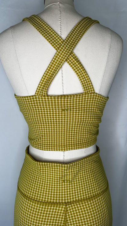 Back view of Madewell Flex Racerback Crop Tank Top in Gingham print and Citrus Lime color, featuring the MWL logo.