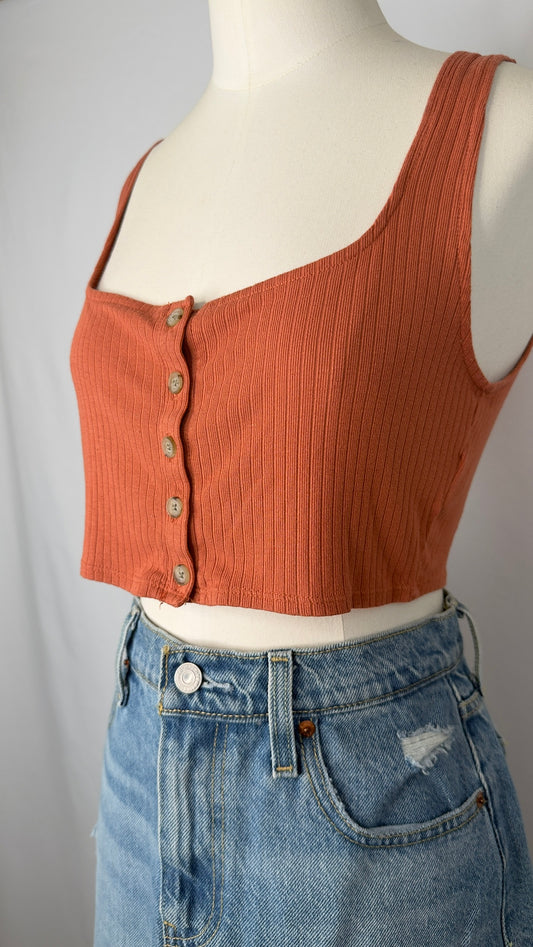 Brown ribbed tank top on a mannequin with a white background.