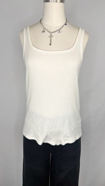 Front view of Madewell Ribbed Square-Neck Tank Top in Lighthouse. The garment is shown on a mannequin wearing a silver charm necklace and black jeans.  