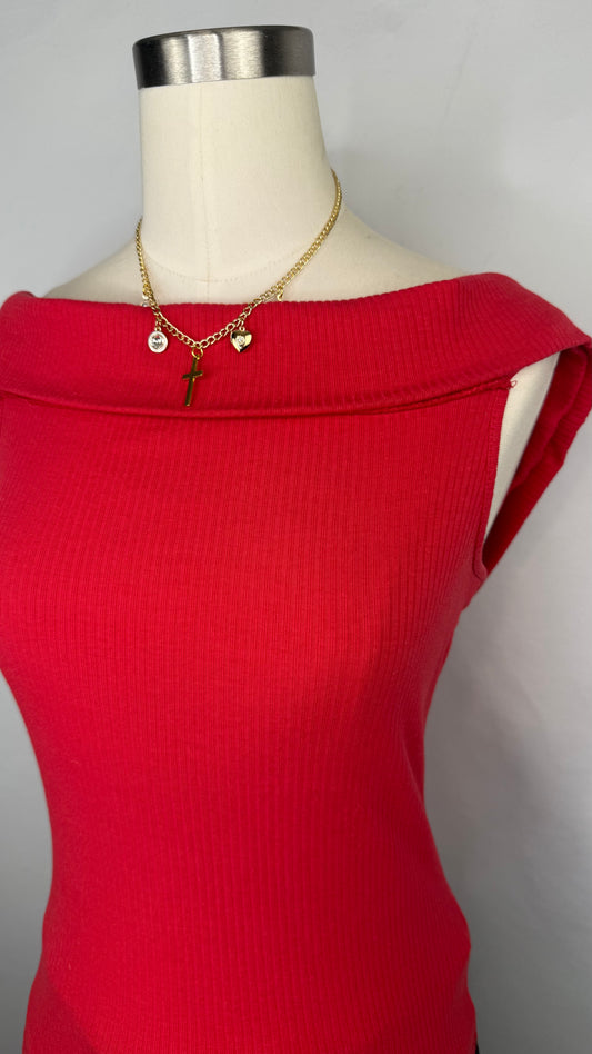 Up-close front facing view of Old Navy Off the shoulder Ribbed Top in red. 
