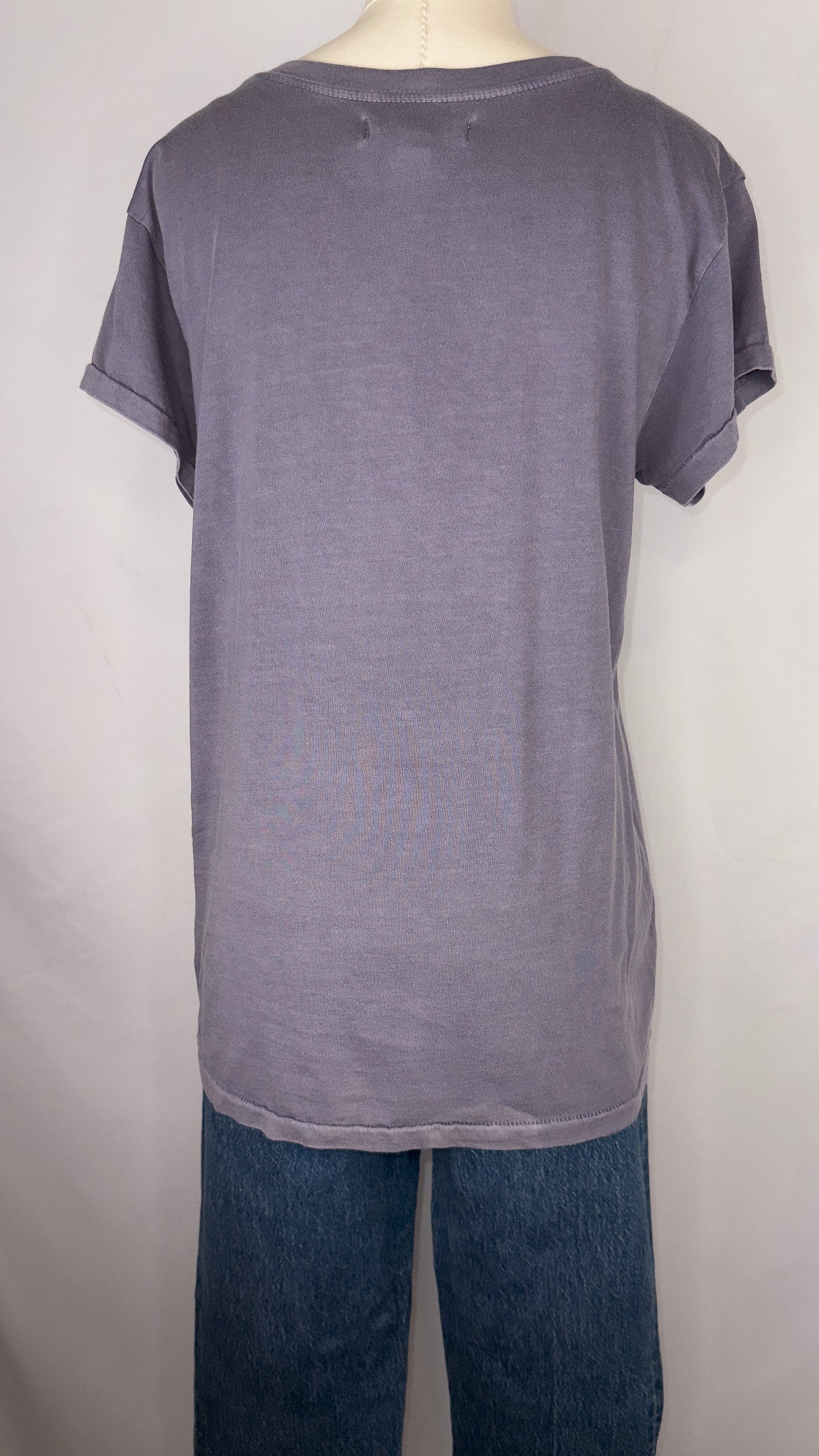 Back view of Rivet & Thread Grateful Everyday Graphic Ex-Boyfriend Tee in Sunfaded Indigo. Plain back side of t-shirt.