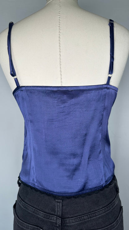 Back View of  Sky to Moon Satin Lace Cami Top in Navy featuring the adjustable cami straps and a plain satin back with lace on the bottom hem.